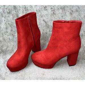 Red Suede High Heel Block Platform Ankle Boots Size 9 By Top Moda